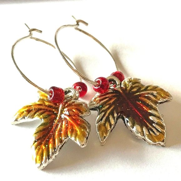 Maple Leaf Earrings Fall Thanksgiving Autumn Tree Halloween Harvest Plated - Picture 4 of 10